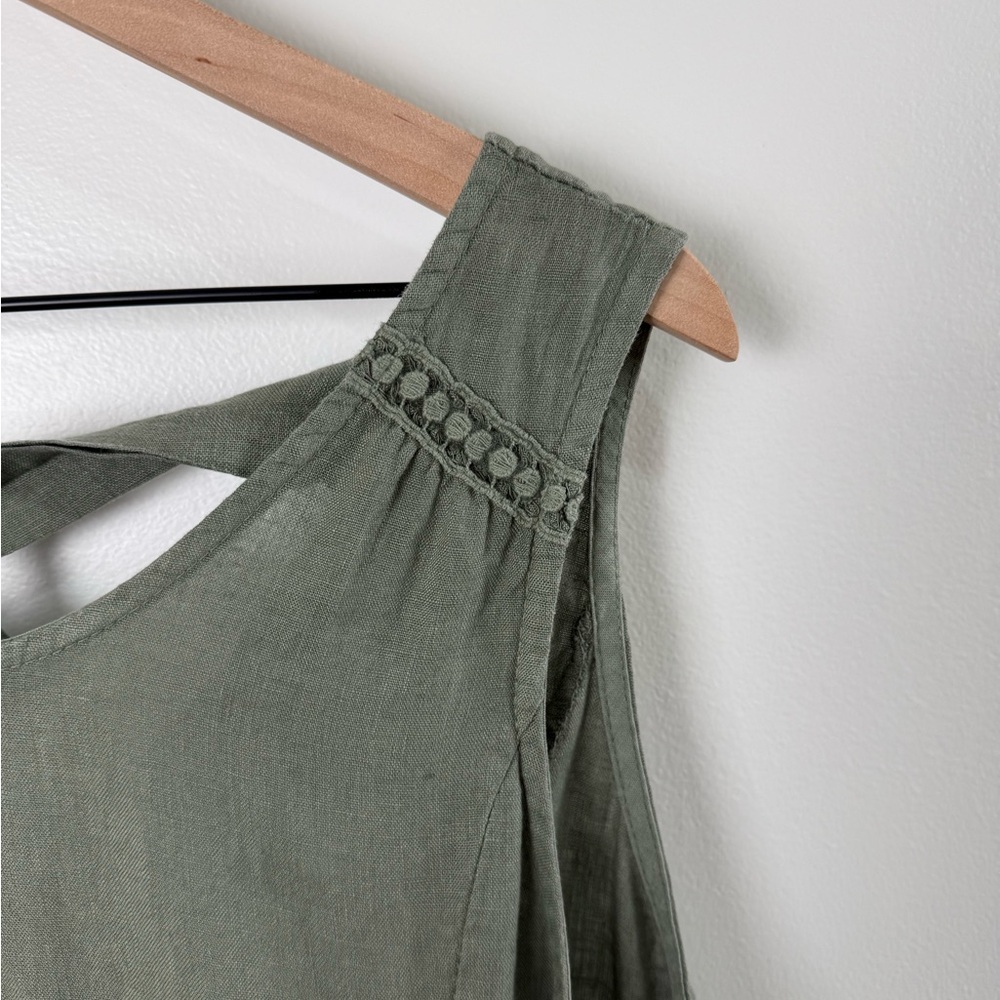 Terzo Millennio Linen Dress XL Green Made in Italy Sleeveless Tie Back Ruffle - Picture 7 of 9